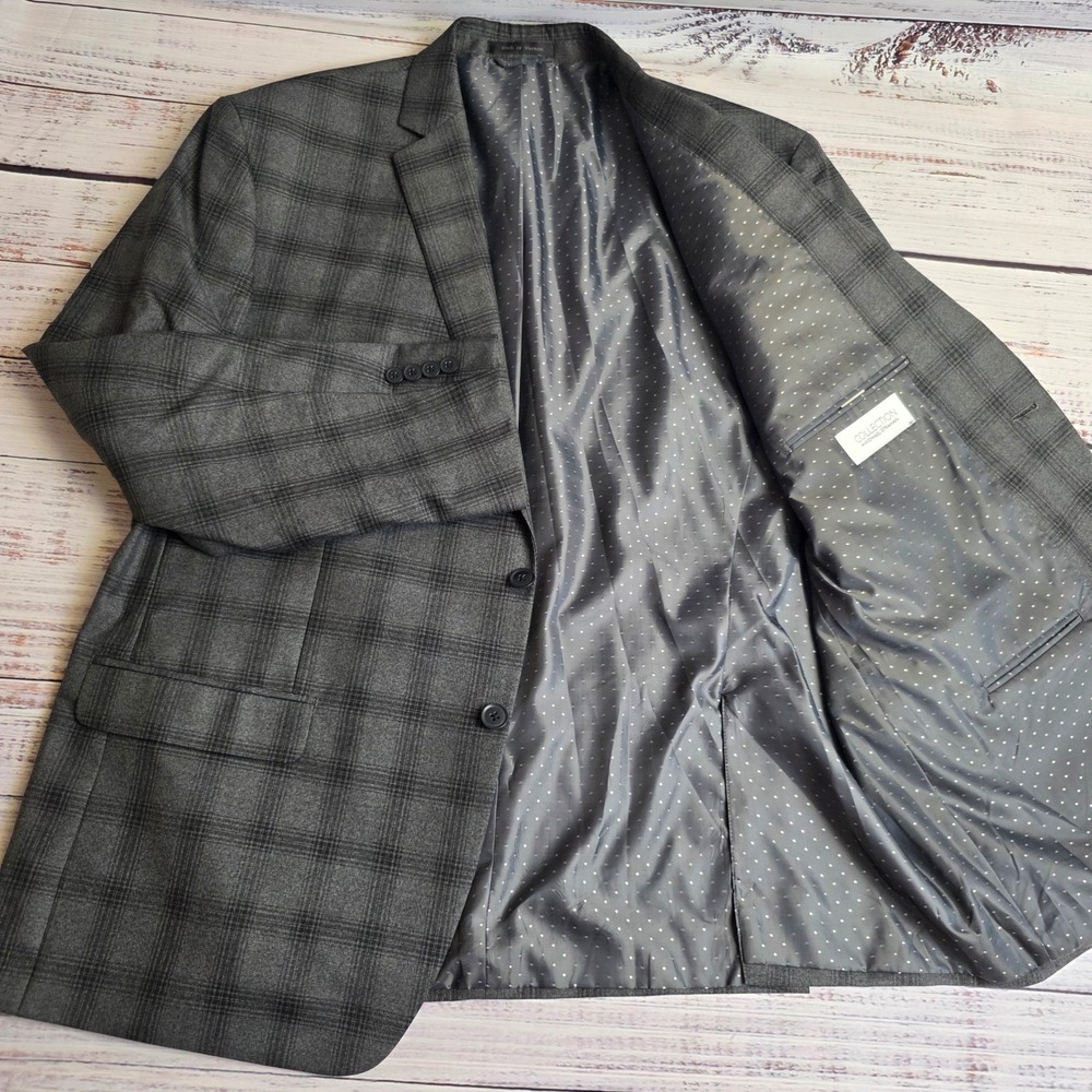 Collection by Michael Strahan Mens Grey Plaid Blazer Sport Coat 48R Poly Rayon